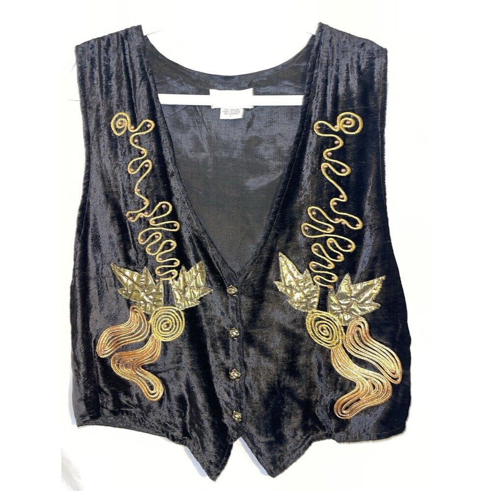 The Icing Vintage Vest Rayon Velvet Look Embroidered Black Copper Gold Women’s L